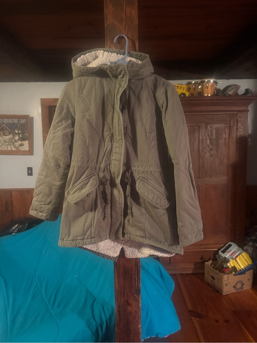 Sebby Olive Green Hooded Utility Coat with Sherpa